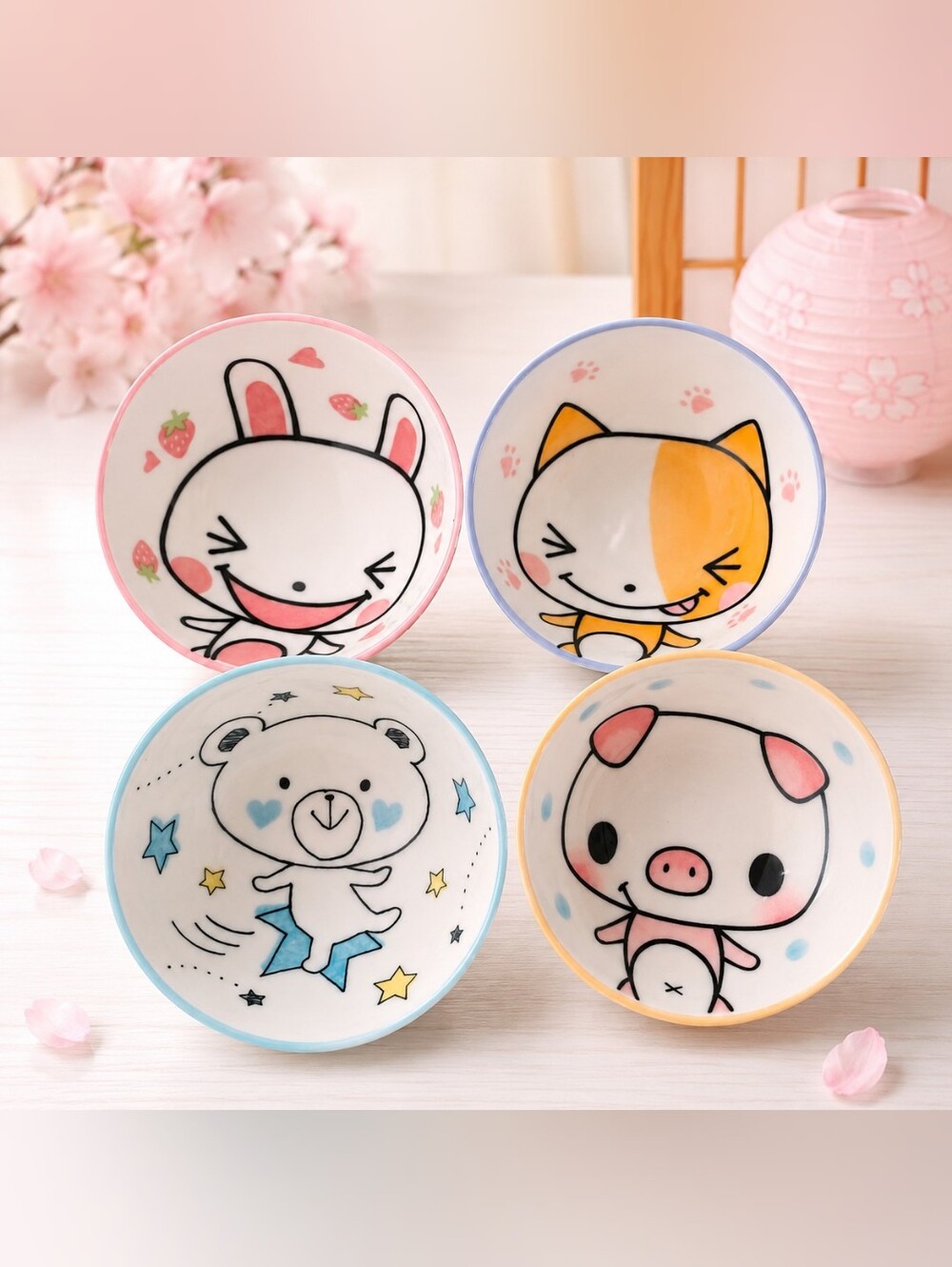 Kawaii Japanese Animal Rice Bowls Set of 4 Ceramic Cute Pastel Bowls